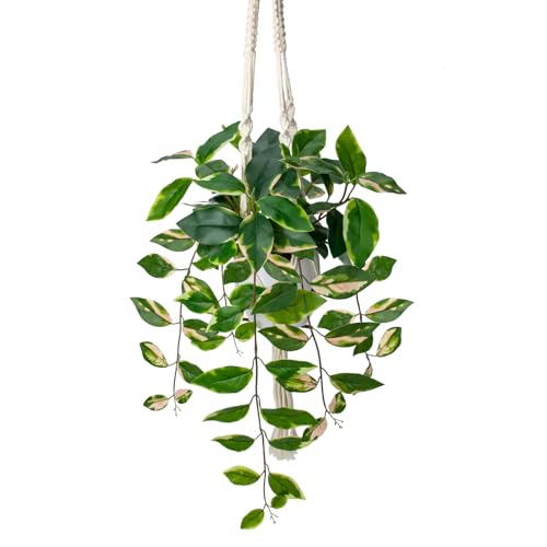 Briful Artificial Hanging Plant Indoor, Macrame Plant Hanger with Fake Pothos Plant in White Pot, Faux Hanging Plant for Home Ceiling Farmhouse Kitchen Decor
