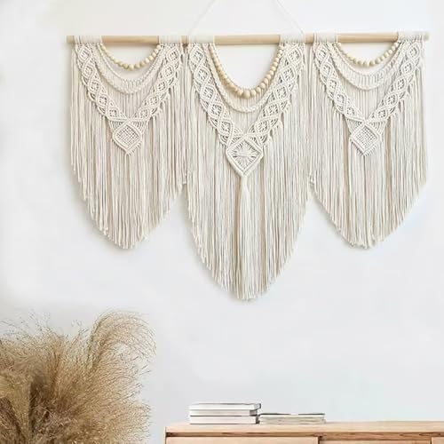 oiikain Large Macrame Wall Hanging, Boho Tapestry Wall Decor, 43 x 32 Inch - color: Beige Wood Beads