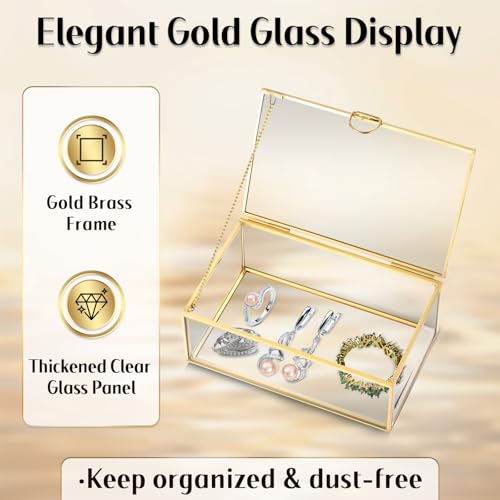 MYFULLY Vintage Gold Glass Jewelry Box with Lid (5.7 x 3.5 x 2.1 inch) - size: 5.7 x 3.5 x 2.1 inch