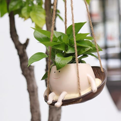 NINIPAPA Hanging Swing Chair Planter Pot Smile Face Plant Pot for Indoor Outdoor Plants Cute Head Flower Pots for Succulent String of Pearls Unique Gift on Mother's Day, Birthday, Christmas - size: Small