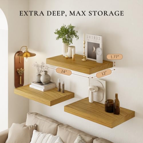 24" Extra Deep Floating Shelves, Set of 3, Natural Wood - color: Natural, size: 3T24IN
