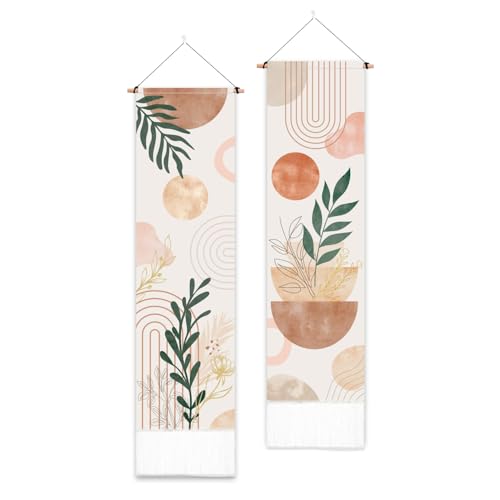 PLIGREAT 2 Pack Boho Tapestry with Tassels, 52" x 13" Plants Aesthetic Wall Hanging Abstract Vertical Home Art Tapestry for Bedroom Living Room Bathroom Long Narrow Wall Hanging Art Decor - color: orange,green