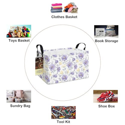 Rectangle Foldable Storage Basket Handles For Home, Purple Flowers - color: REC-Purple Flowers