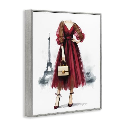 'Parisian Fashion Red Dress'| Framed Giclee Art - color: Farmhouse Gray (Textured), size: 30"L x 24"W