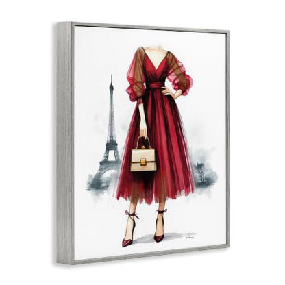 'Parisian Fashion Red Dress'| Framed Giclee Art - color: Farmhouse Gray (Textured), size: 30"L x 24"W