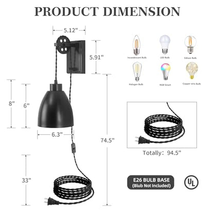 8FT Plug in Wall Sconces Pulley Wall Lamps, Black - color: Black