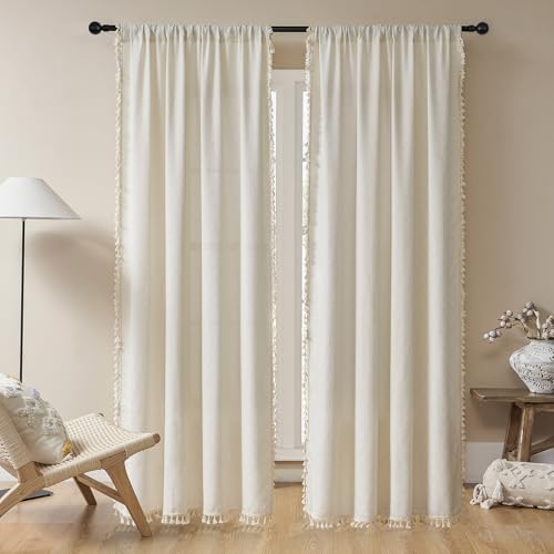 Joydeco Linen Beige Boho Curtains 108 Inch, 2 Panels with Tassels - color: Beige, size: 52"W x 108"L (Pack of 2)