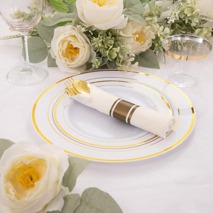 WELLIFE 210 Piece Gold Plastic Dinnerware Set, Include: 30 Dinner Plates, 30 Dessert Plates, 30 Pre Rolled Napkins with Silverware and 30 Cups - color: Gold, style: 210PCS（30 Guests）