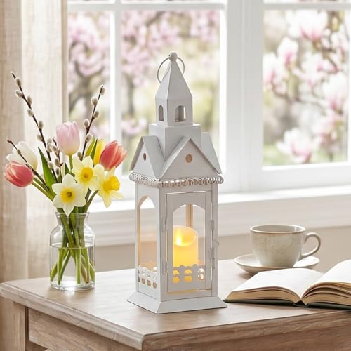 TRIROCKS Rustic Style Metal Candle Lantern 13'' High Decorative Outdoor Lantern Candle Holder with Tempered Glass House Shape for Home Living Room Garden Patio Parties Indoors Outdoors (White) - color: White, size: 13''H