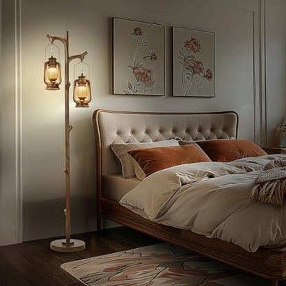 Scenekoy 68" Rustic Tree Trunk Floor Lamp with Lantern, Stepless Dimmable - color: Brown