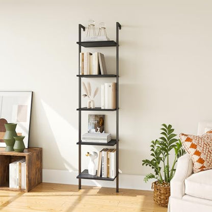 ELYKEN Ladder Shelf, 5-Tier Wood Wall Mounted Ladder Bookshelf - color: Black