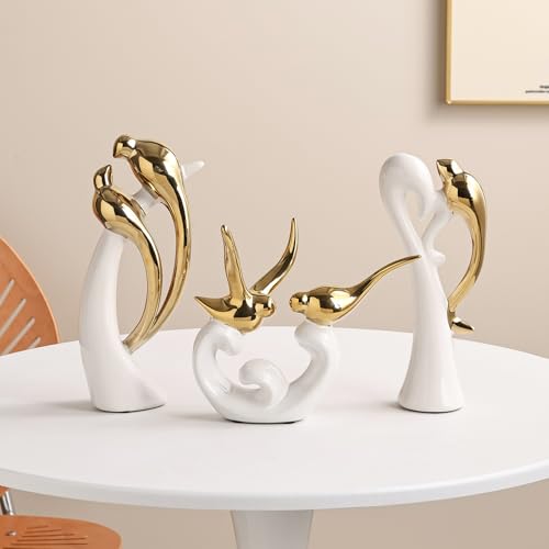 Ceramic Statues Set of 3, Birds and Base Sculpture Modern Home Decor - color: White and Gold