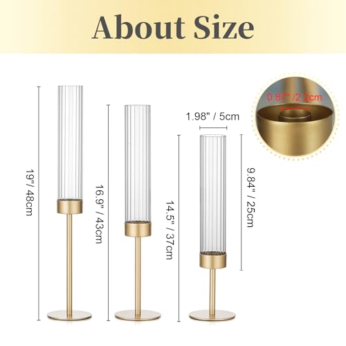 Hewory Gold Hurricane Candle Holders: 12 PCS Brass Tall Candlestick Taper Candle Holders Bulk for Candlesticks Candle Sticks Holder Decor for Table Centerpiece Wedding Party Christmas Decorations - color: Matte Gold, size: 12PCS