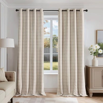 Beauoop Beige Plaid Jacquard Blackout Curtains for Bedroom 52x84 2 Panels - color: Beige, size: 52"W x 84"L (Pack of 2)