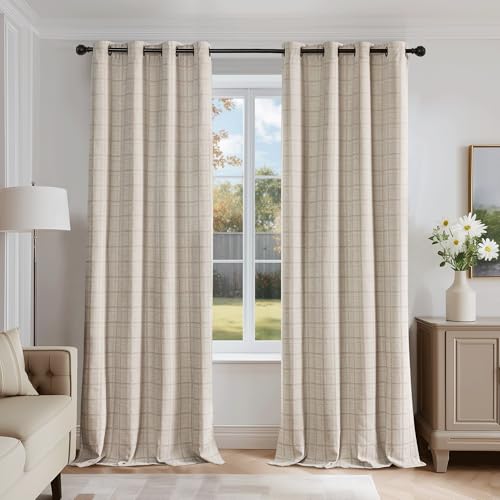 Beauoop Beige Plaid Jacquard Blackout Curtains for Bedroom 52x84 2 Panels - color: Beige, size: 52"W x 84"L (Pack of 2)