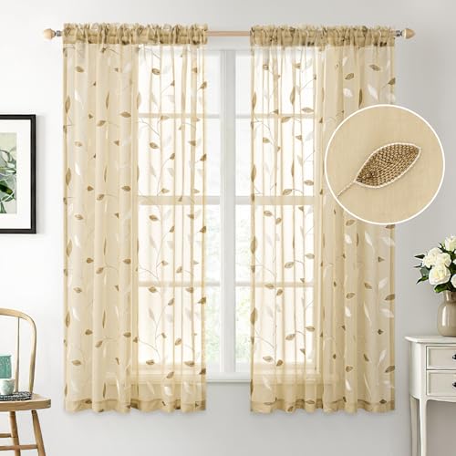 MIULEE Beige Sheer Curtains 2 Panels Embroidered Leaf Patterned, W52 x L63 - color: Beige, size: 52"W x 63"L (Pack of 2)