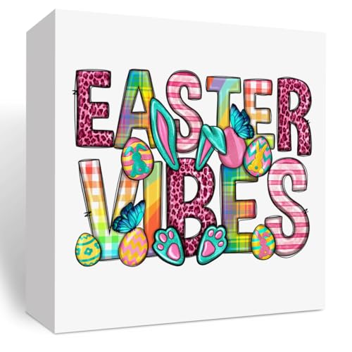 Easter Decor Easter Bunny Decor Easter Eggs Decor Happy Easter Decor Easter Vibes Daisy Leopard Rabbit Paw Decor, Wooden Box Decor for Rustic Home Bedroom Living Room Table Shelf Office - color: Easter Vibes