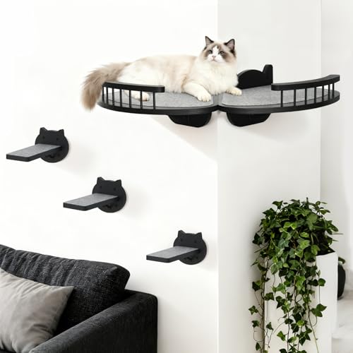 Cat Wall Shelves Furniture Set with Scratching Pad，Wooden Cat Climbing Wall Systems with 2 Perches and 3 Steps, Floating Shelves Bed Wall Mounted for Indoor Fit Up to 15Lbs (Black) - color: Black