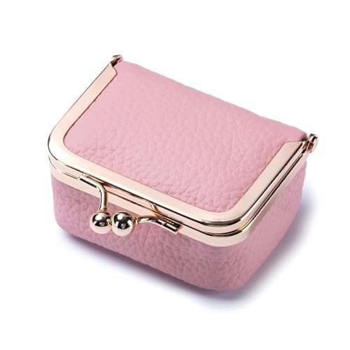 Genuine Leather Mini Jewelry Box & Coin Purse for Women, Travel Jewelry Case with Kiss Lock, Holds Earrings, Rings, Necklace, Bracelet, Coins (Pink-L 2.95in) - color: Pink - 2.95in