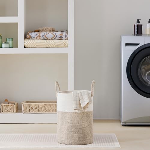 VIPOSCO 30L Small Woven Laundry Basket Hamper, White Brown - color: Brown, size: 30L