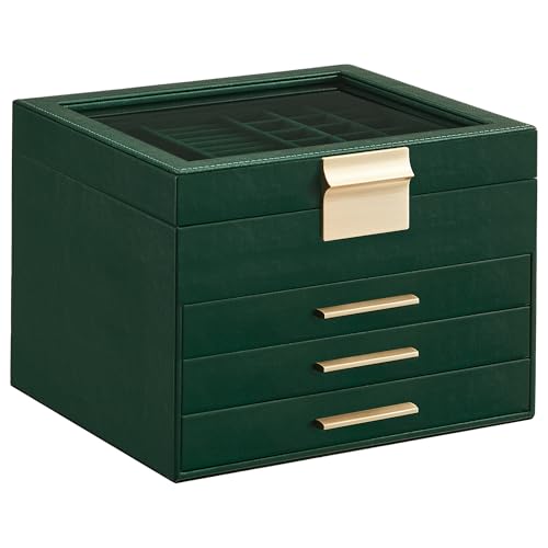 SONGMICS Jewelry Box Organizer, 4-Layer Storage with 3 Drawers, Glass Lid - color: Forest Green + Gold, size: 4 Layer (8"d X 9.1"w)