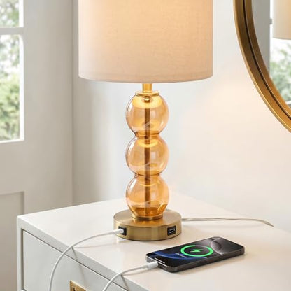Oneach 25" Amber Glass Table Lamps for Living Room, Glass Modern Table Lamp Set of 2, USB Charging Ports, Linen Shade, Bedside Lamps for Bedroom, Nightstand, Side Table (Bulbs not Included) - color: Amber