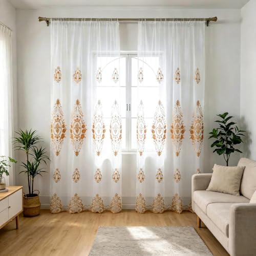 Amidoudou Rod Pocket Curtains European Luxury Sheer Embroidered Window Screening for Living Room Bedroom Tulle Curtains (Gold,52" W x 84" L (Pack of 2)) - color: Gold, size: 52"W x 84"L (Pack of 2)