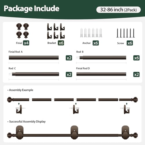 KAMANINA No Drill Curtain Rods 2 Pack 32-86", 3M Adhesive Brackets, Bronze - color: Bronze, size: 32-86"（2Pack）