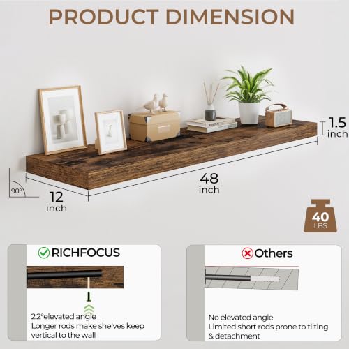 RICHFOCUS Long Floating Shelves for Wall 2Pack|Rustic Brown|48" Lx12 D - color: Rustic Brown, size: 48"L x 11.6"D, Set of 2