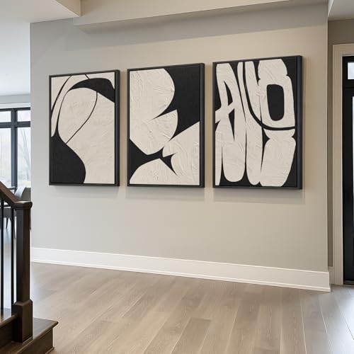 Large Framed Neutral Abstract Wall Art, 3 Piece Black and Beige, 24x36 In - color: Black & Beige Forms, size: 24" W x 36" H x 3pcs