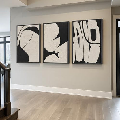 Large Framed Neutral Abstract Wall Art, 3 Piece Black and Beige, 24x36 In - color: Black & Beige Forms, size: 24" W x 36" H x 3pcs