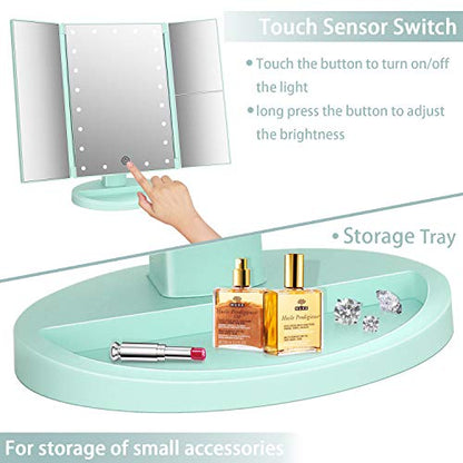 deweisn Tri-Fold Lighted Vanity Tabletop Mount Mirror with 21 LED Lights, Touch Screen and 3X/2X/1X Magnification, Two Power Supply Mode Make up Mirror,Travel Mirror - color: Green