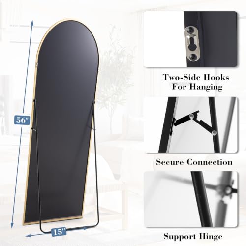 DUMOS Arched Mirror Full Length Floor, 56x15 Inch Full Body Standing Mirror - color: Gold-rounded, size: 56"L x 15"W