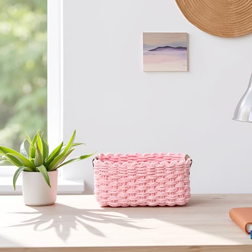 Woven Paper Rope Wicker Basket for Organizing(Set of 3,Pink) - color: Pink