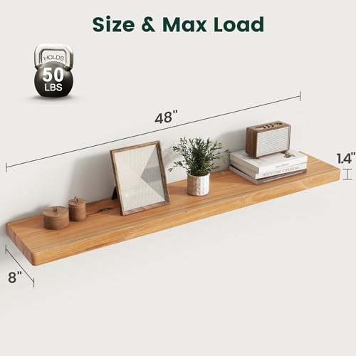 48in Solid Elm Wood Floating Shelves for Wall, Natural, Set of 1 - color: Natural Color, size: Round Edge 48 inch, 1Pack