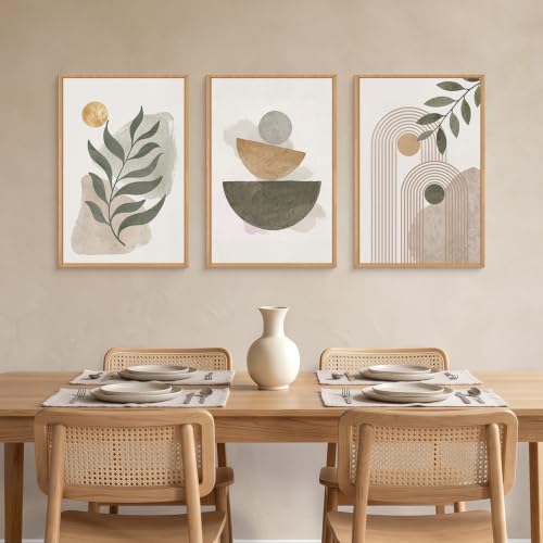 HLNIUC Boho Abstract Framed Canvas Wall Art,Large Modern Geometric Line Wall Decor,Mid Century Botanical Sun Artwork Set of 3(24x36),Neutral Minimalist Leaves Prints for Living Room,Bedroom,Office - color: Mid Century Geometric, size: 24"L x 36"W