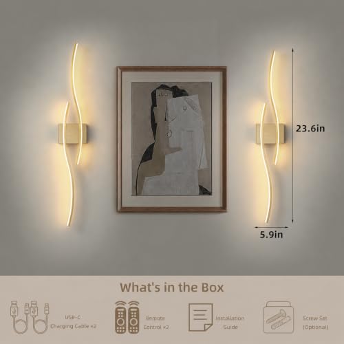Wireless Wall Sconces Set of Two, Dimmable, 3CCT, Up to 65H Runtime - color: Brushed Brass, size: 23.6 inches (2 Pack)