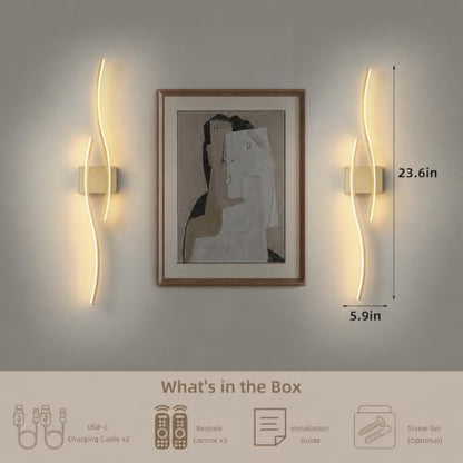 Wireless Wall Sconces Set of Two, Dimmable, 3CCT, Up to 65H Runtime - color: Brushed Brass, size: 23.6 inches (2 Pack)