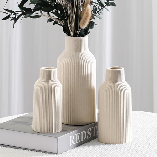 Bohemian Beige Ceramic Vase - for Pampas Grass, Mantel, Bookshelf, Entryway and Living Room Decor (Beige, Set of 3) - color: Beige, size: Set of 3-Round