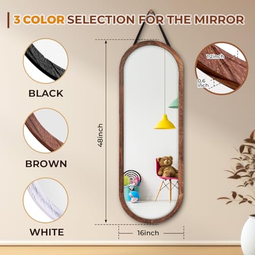 48x16in Oval Full Length Mirror Solid Wood Frame, Brown - color: Brown, size: 48"L x 16"W