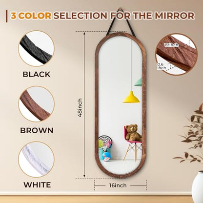 48x16in Oval Full Length Mirror Solid Wood Frame, Brown - color: Brown, size: 48"L x 16"W
