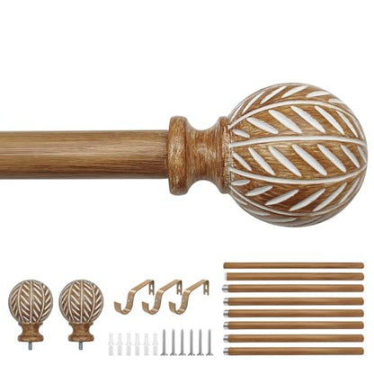 Wood Curtain Rod for Windows 66" to 120" Adjustable Heavy Duty Curtain Rod - size: 66-120"（1 Pack)