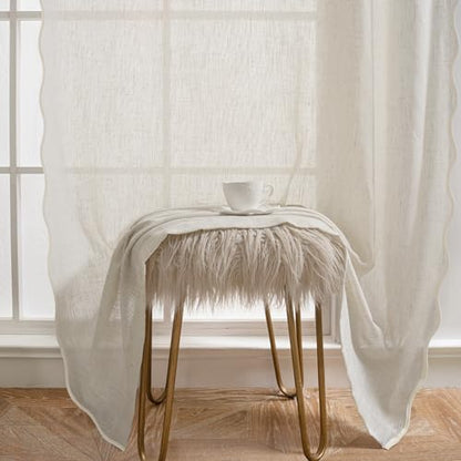 DriftAway Semi Sheer Scalloped Edge Linen Coastal Beach Window Curtains for Living Room Bedroom 2 Panels Rod Pocket Each Size 52 Inch by 96 Inch Taupe - color: Linen Taupe, size: 52"W x 96"L (Pack of 2)