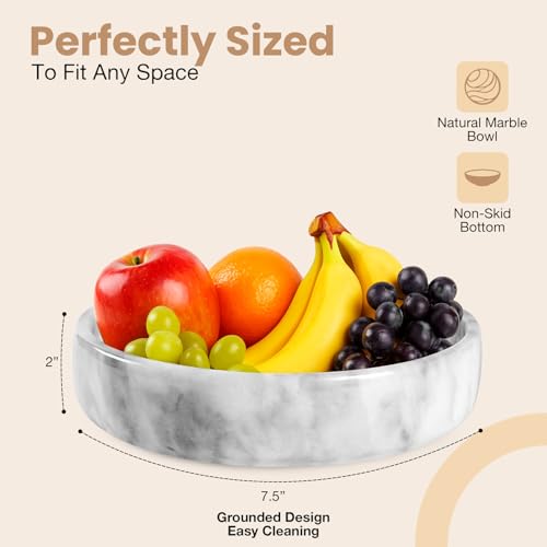 FNTSTICGOODS Marble Decorative Bowl - 7.5" White/Grey Solid Marble Centerpiece - Handmade Stone Fruit Bowl - Catch-All or Key Bowl for Kitchen - Modern Minimalist Decor - color: White / Grey - Marble