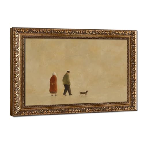 Canvas Wall Art Elderly Couple Walking Dog Minimalist Neutral Home Decor - color: Retro Gold Frame, size: 12"L x 8"W