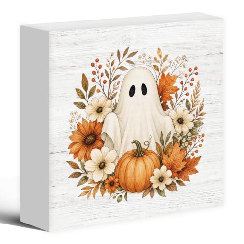 Halloween Fall Ghost Pumpkin Floral Wood Box Sign Desk Decor 5X5