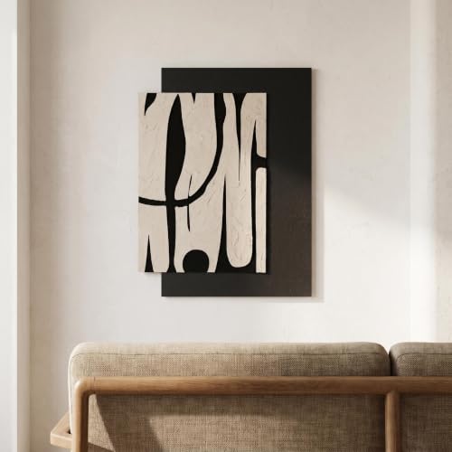 AMAATE 3D Textured Black White Abstract Sandstone Relief Framed Wall Art - color: Black and white abstract lines