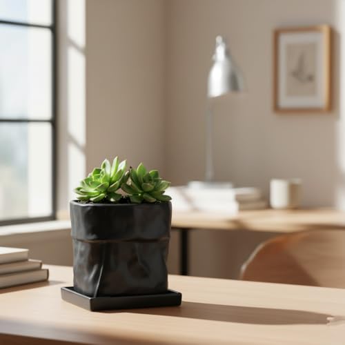 Nihow 6 Inch Ceramic Plant Pot with Drainage & Square Saucer,Black - color: Black, size: 6 Inch