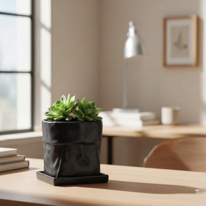 Nihow 6 Inch Ceramic Plant Pot with Drainage & Square Saucer,Black - color: Black, size: 6 Inch