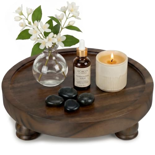Demigo Acacia Wood Round Tray, 10 in Pedestal Riser Stand, Dark Brown - color: Dark Brown
